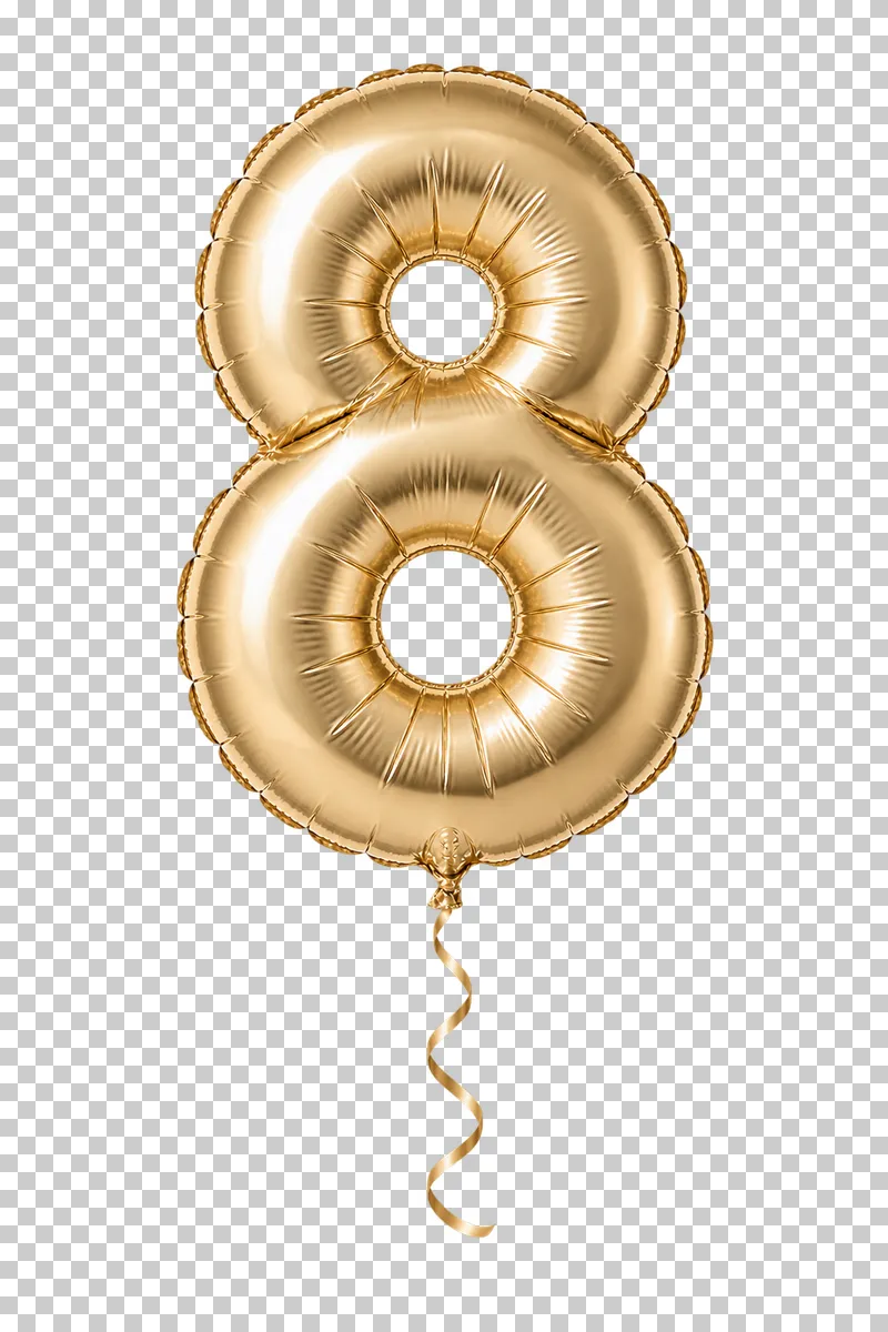 A champagne-gold foil balloon shaped as the digit 8, with a sealed seam and a complete curling ribbon.