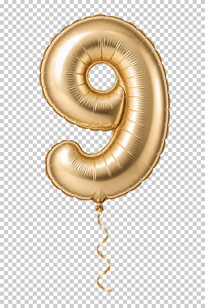 A champagne-gold foil balloon shaped as the digit 9, with a sealed seam and a complete curling ribbon.