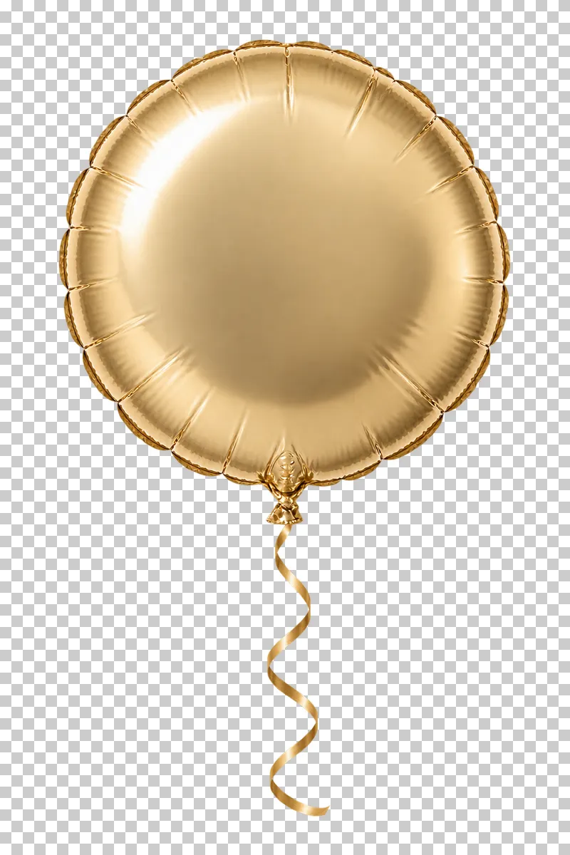 A round champagne-gold foil balloon with a crimped seam and a complete curling ribbon.