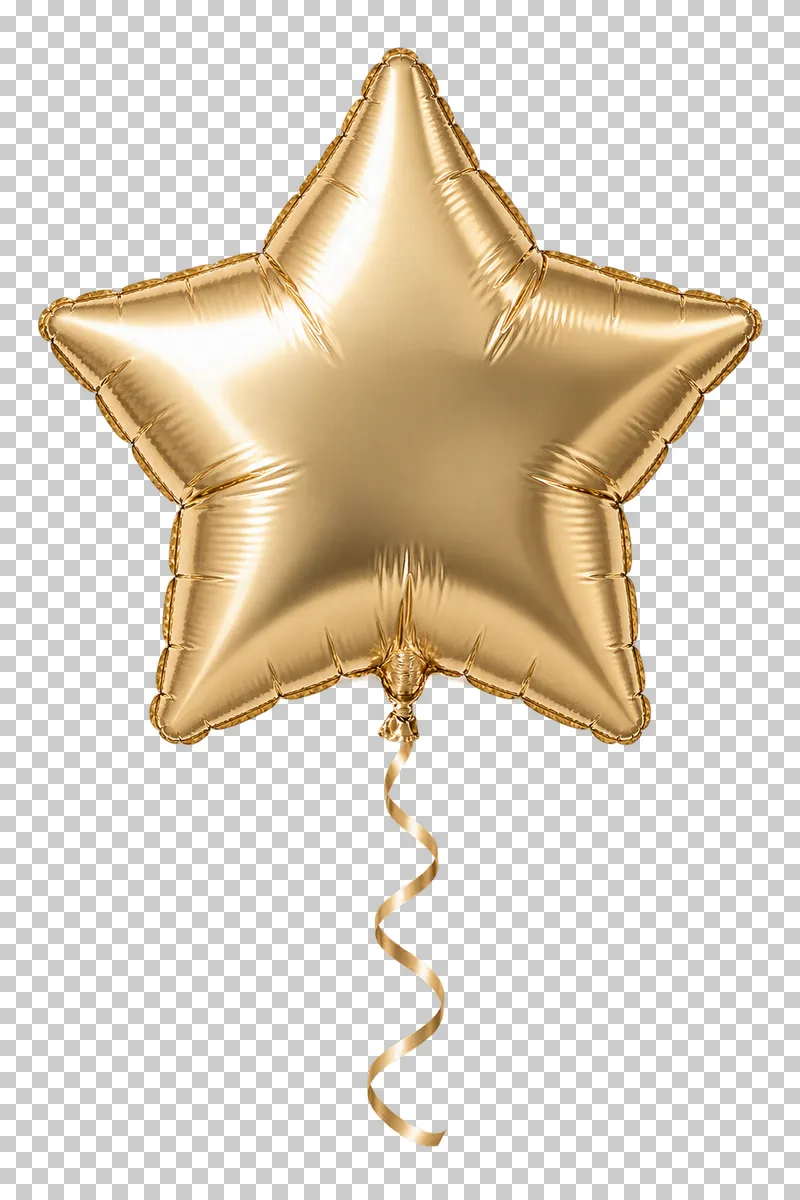 A champagne-gold star-shaped foil balloon with a complete curling ribbon.
