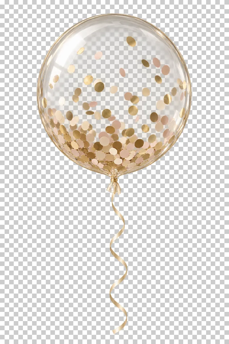 A transparent spherical balloon containing gold and pastel confetti, with a complete tied string.