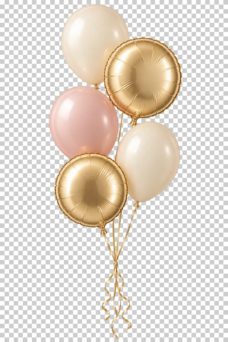 A tall bouquet of five balloons with complete gathered strings.
