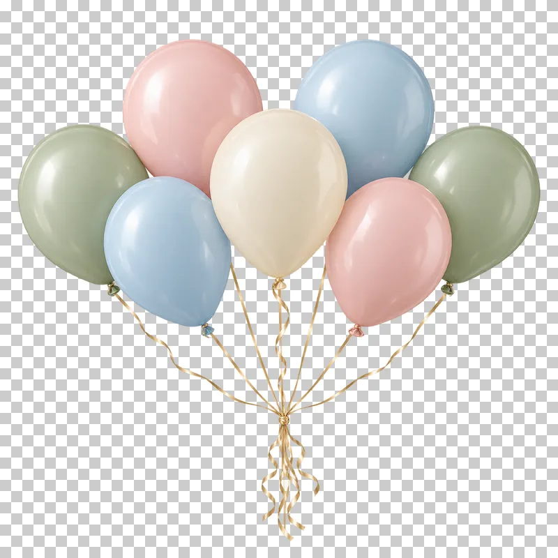 A wide bouquet of seven balloons with complete gathered strings.