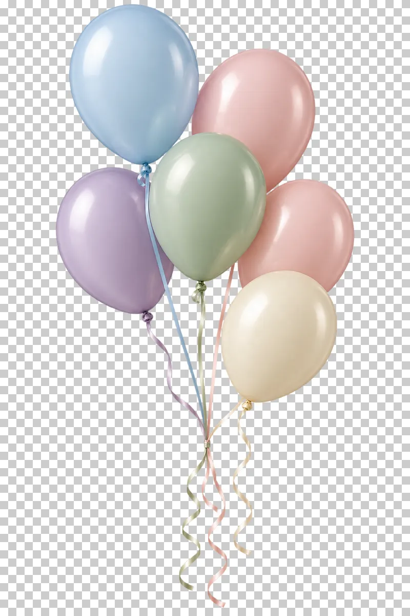 An asymmetrical bouquet of softly colored pastel balloons with complete gathered strings.
