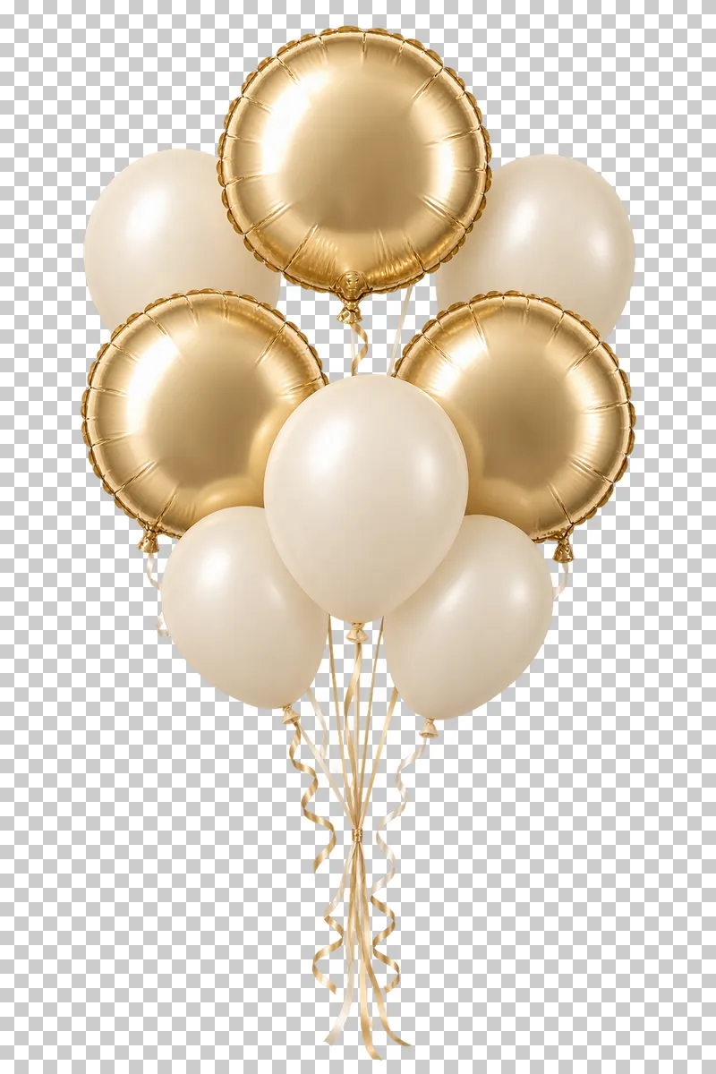 An elegant bouquet of champagne-gold and cream balloons with complete gathered strings.