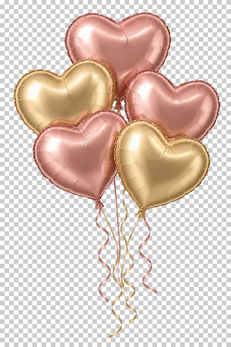 A bouquet of heart-shaped foil balloons with complete gathered ribbons.