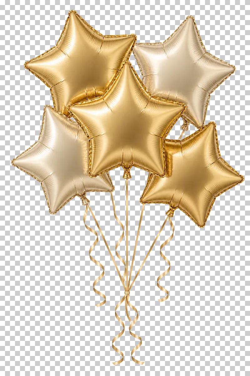 A bouquet of star-shaped foil balloons with complete gathered ribbons.