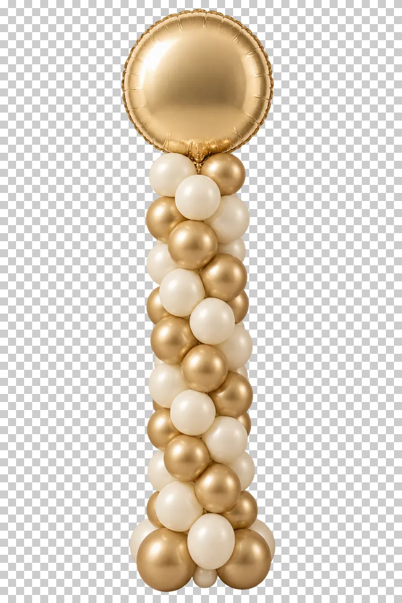 A freestanding column of champagne-gold and cream balloons.