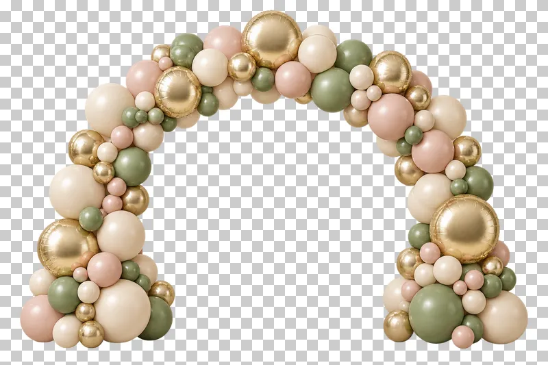 A complete balloon arch framing a generous transparent opening for invitation copy.