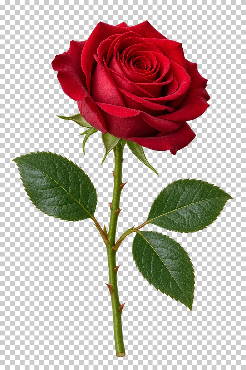 A fresh crimson rose on a green stem with natural serrated leaves.