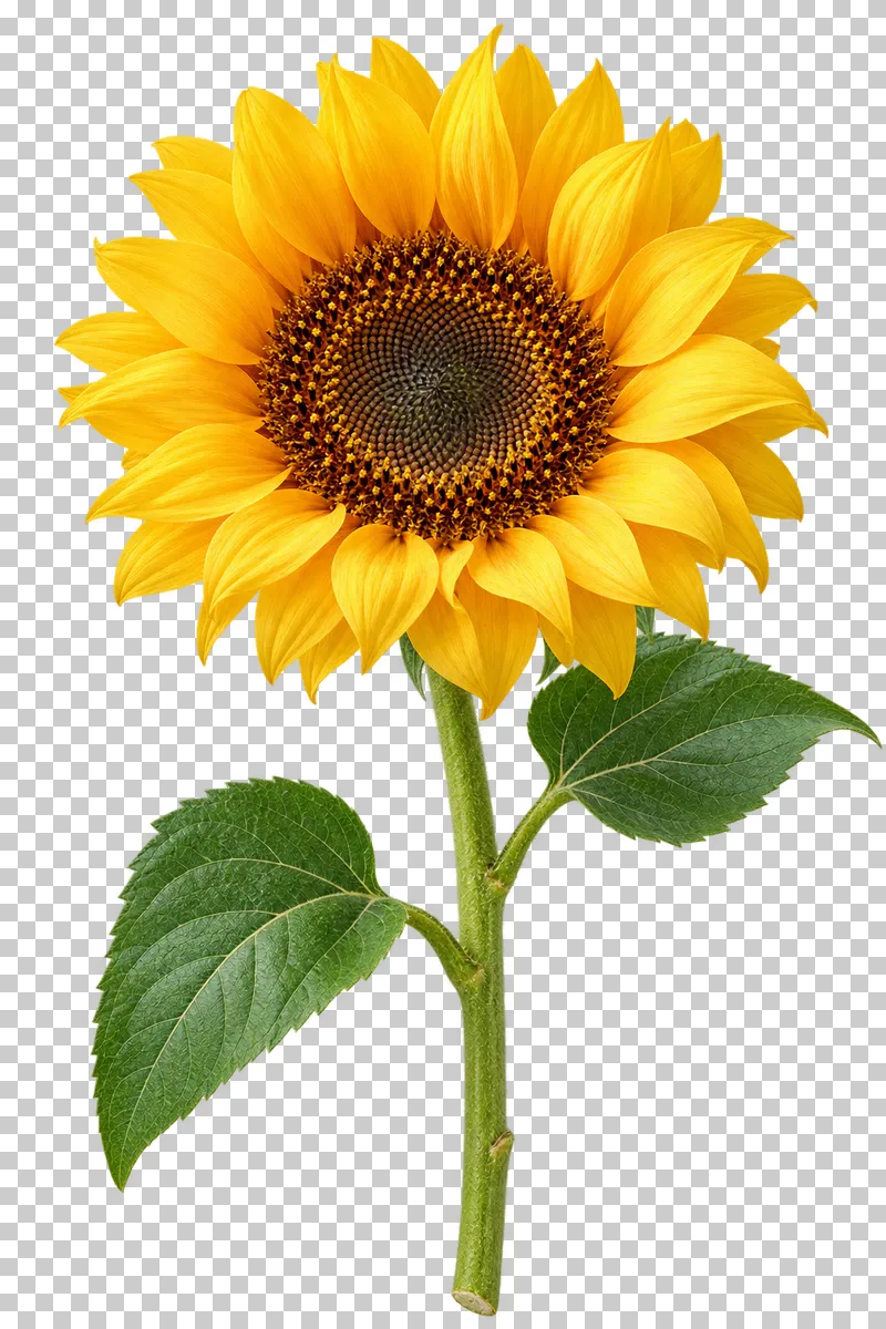 A golden sunflower with a brown center and broad green leaves.