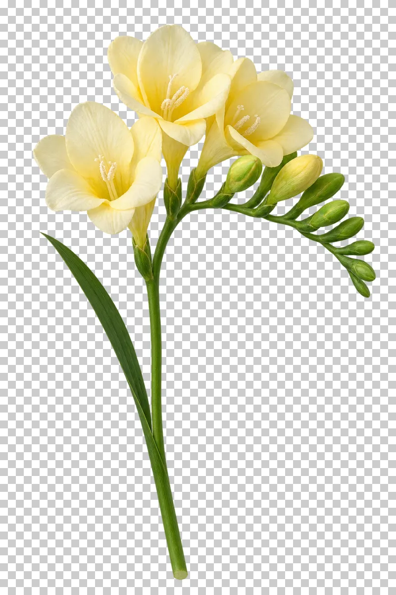 Pale-yellow freesia flowers and graduated buds on a curved stem.