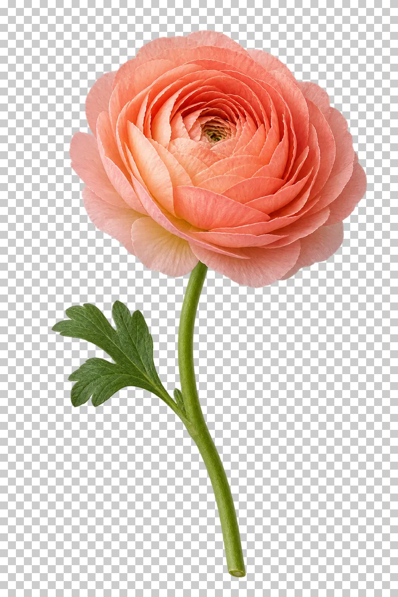 A peach-coral ranunculus with layered petals on a slender green stem.