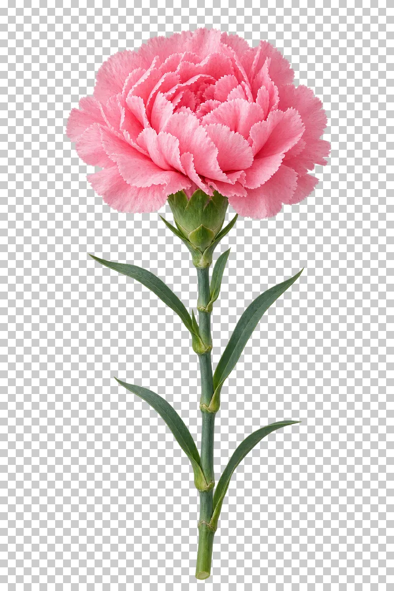A pink carnation with ruffled petals on a blue-green stem.