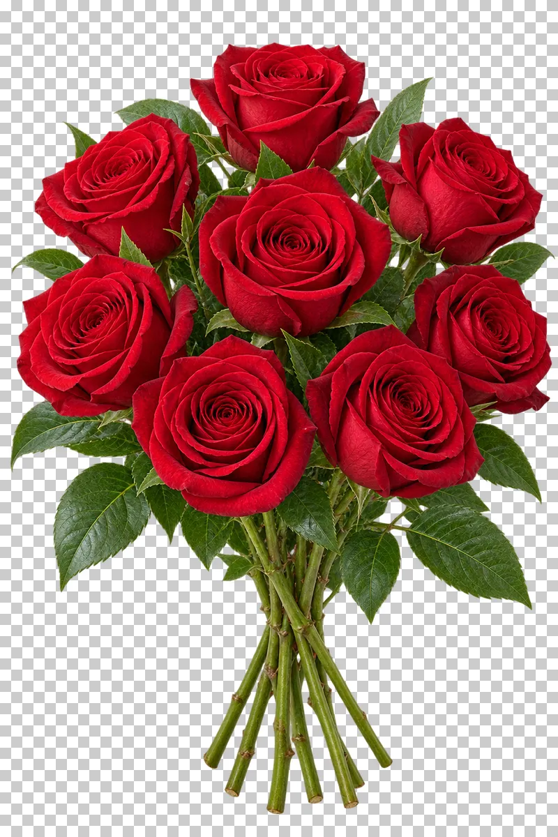 A fresh red rose bouquet with green leaves and exposed cut stems.