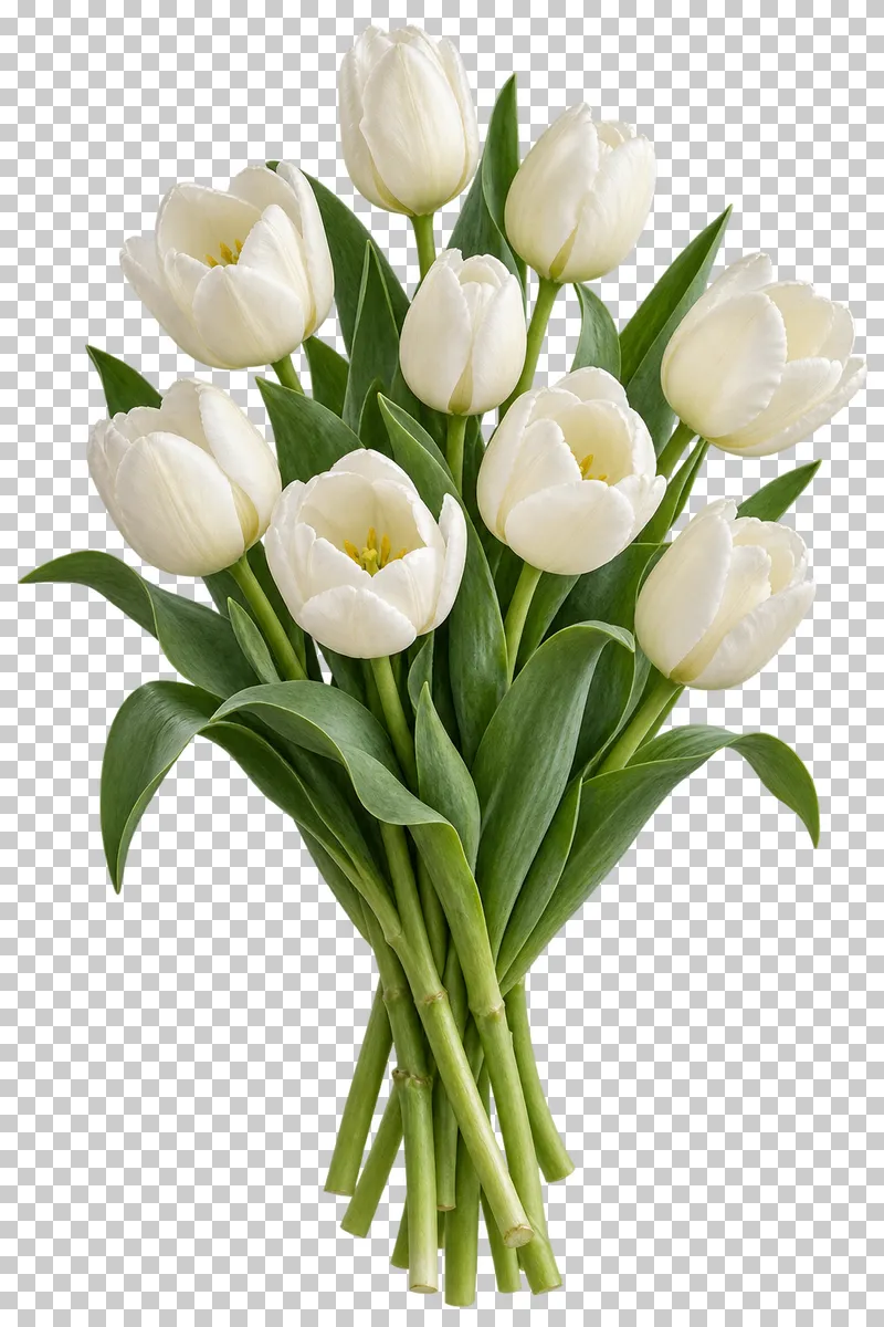 A fresh white tulip bouquet with broad green leaves and exposed stems.