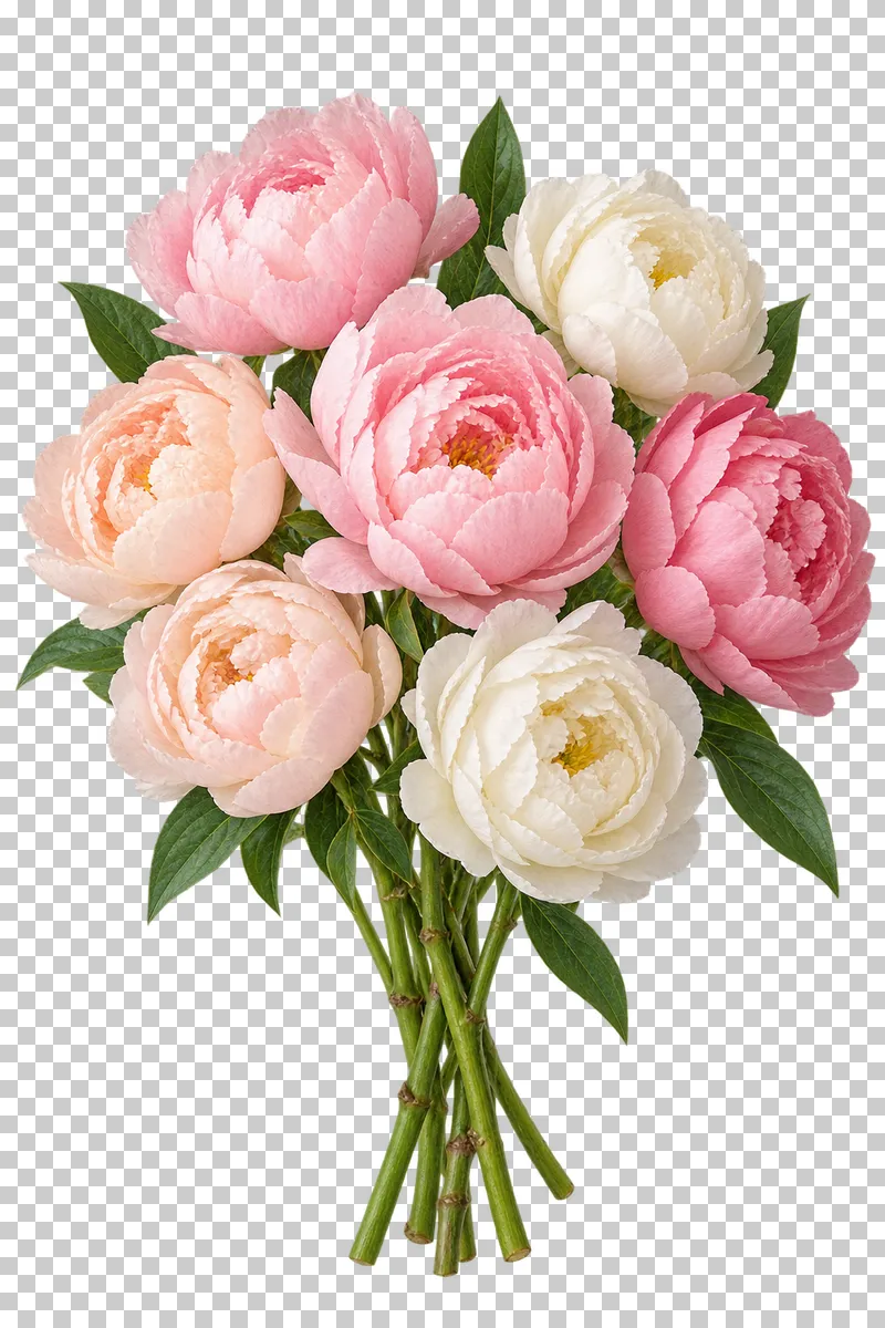 A pastel bouquet of blush-pink, peach and ivory peonies.