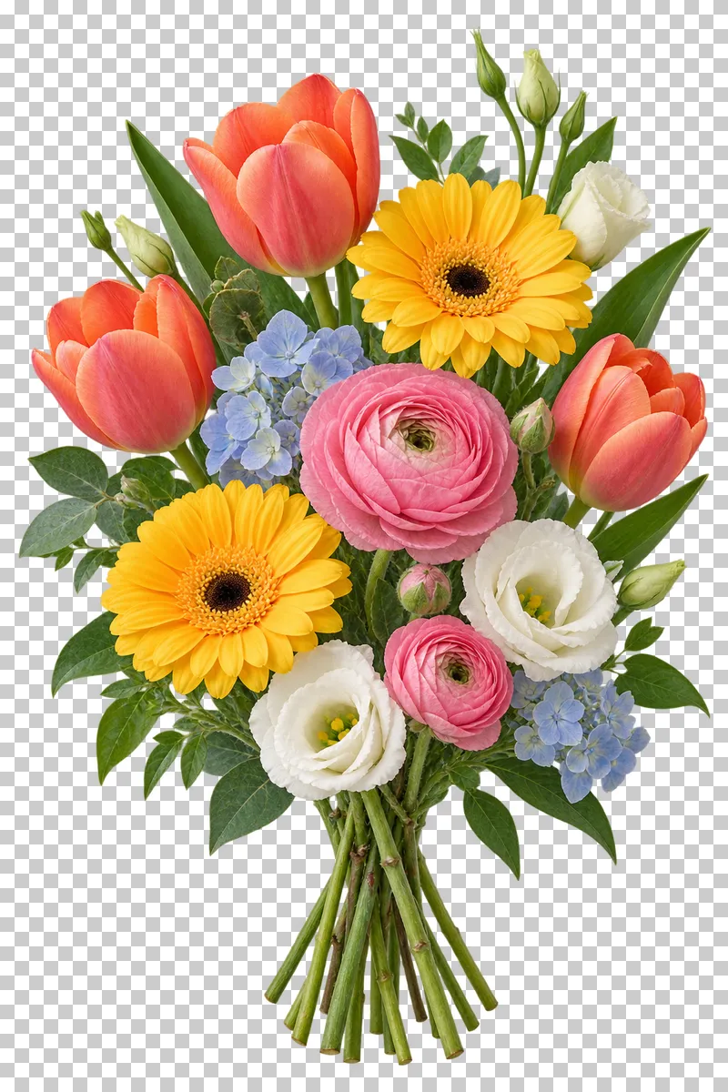 A colorful seasonal bouquet of tulips, gerberas, ranunculus, eustoma and hydrangea.