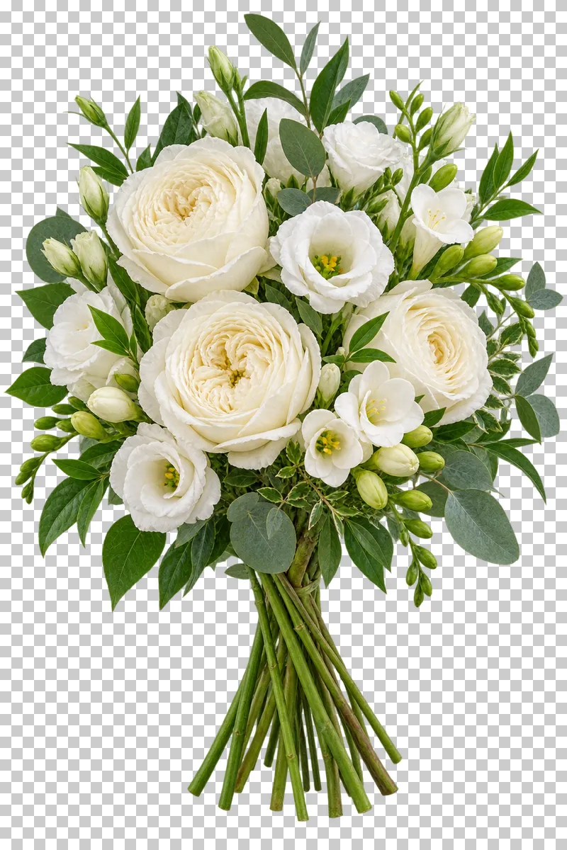 A white-and-green bridal bouquet with garden roses, eustoma and freesia.