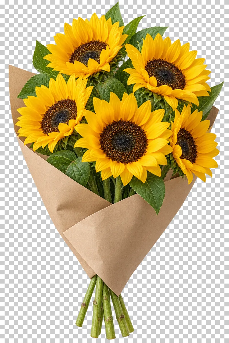 A golden sunflower bouquet wrapped in plain brown kraft paper.