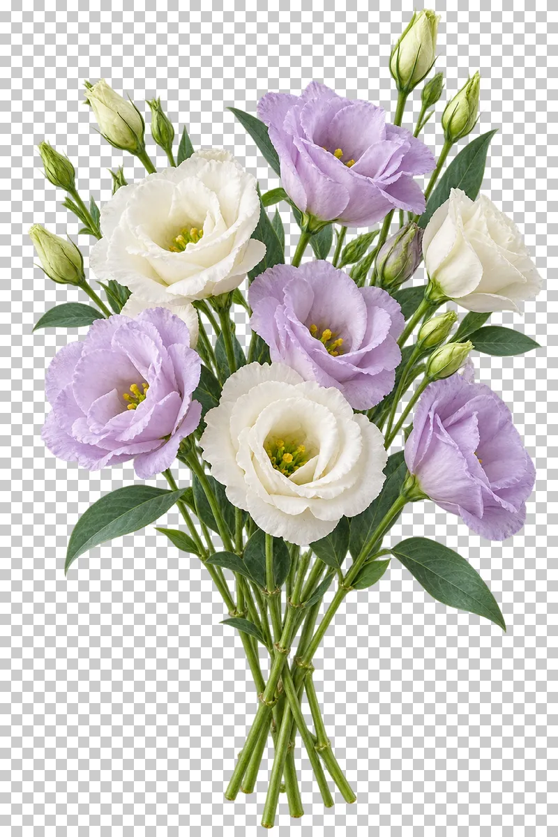 An airy bouquet of ivory and pale-lavender eustoma flowers and buds.