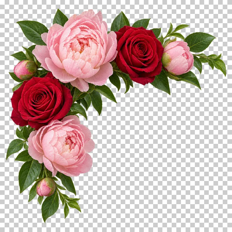 An upper-left floral corner of blush peonies, crimson roses and green leaves.