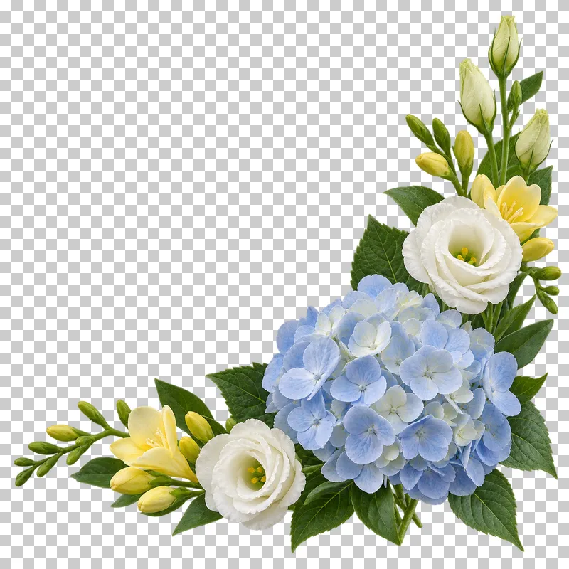 A lower-right floral corner of blue hydrangea, ivory eustoma and yellow freesia.