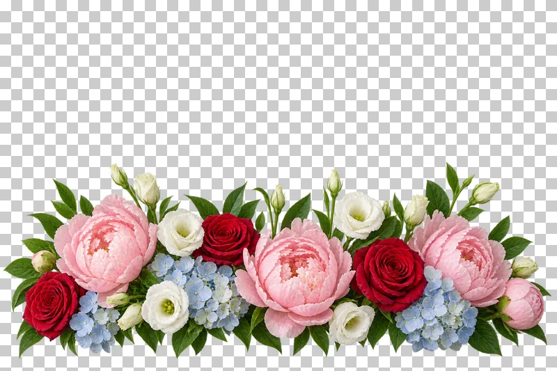 A broad bottom border of pink peonies, red roses, ivory eustoma and blue hydrangea.