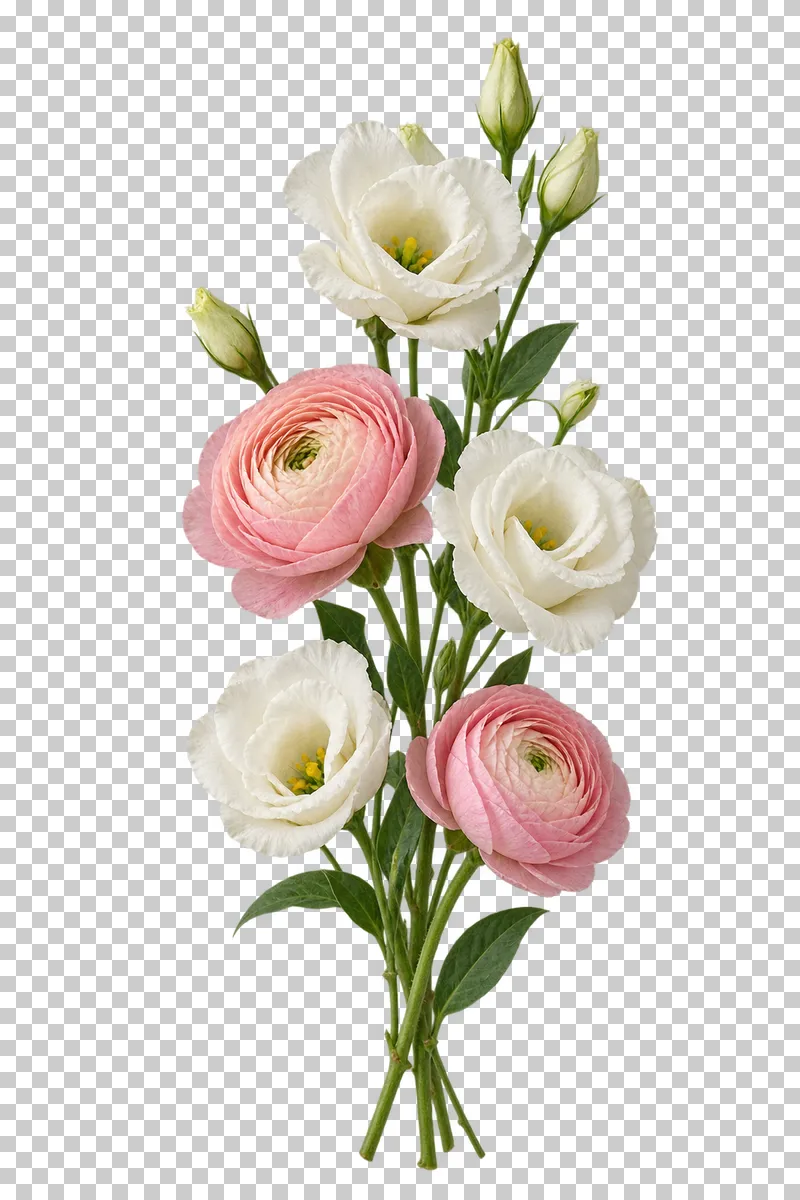 A narrow upright floral accent of ivory eustoma and blush ranunculus.