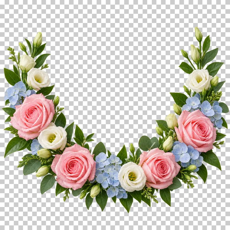 A U-shaped floral half-wreath with pink roses, ivory eustoma and blue hydrangea.