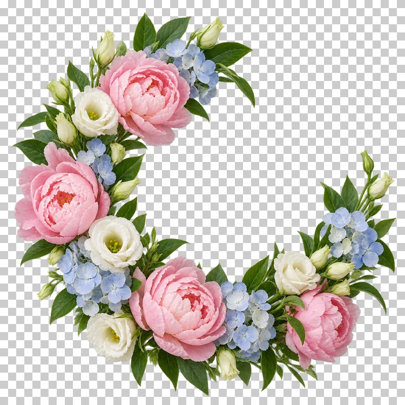 An open floral wreath with blush peonies, ivory eustoma and blue hydrangea.