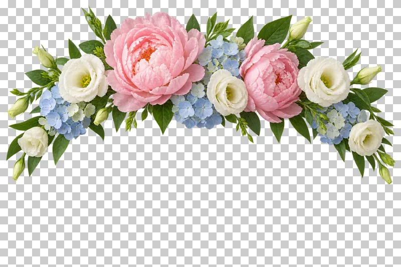 A shallow floral arch of blush peonies, ivory eustoma and blue hydrangea for a headline.