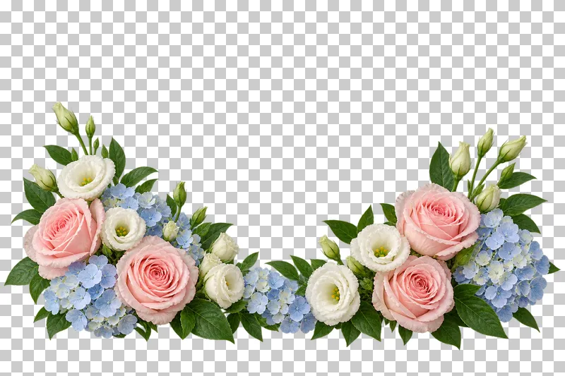 A low floral crescent with blush roses, ivory eustoma and blue hydrangea for a product layout.