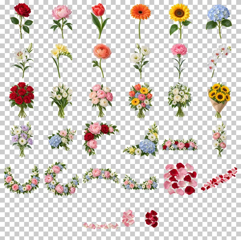 Fresh Flowers and Florist Arrangements PNG Collection: all 32 elements in one grid