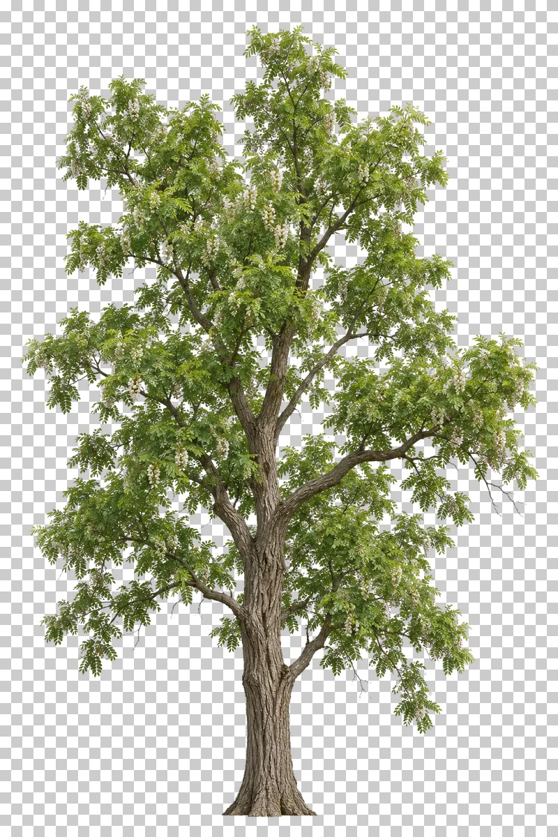 Black locust with crooked branches, airy compound leaflets, cream flowers and deeply ridged bark.