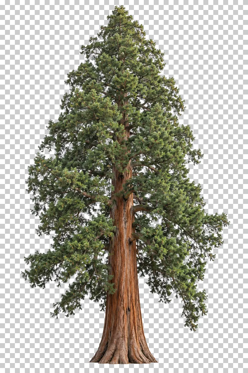 Giant sequoia with a tapered green crown and a massive buttressed reddish trunk.