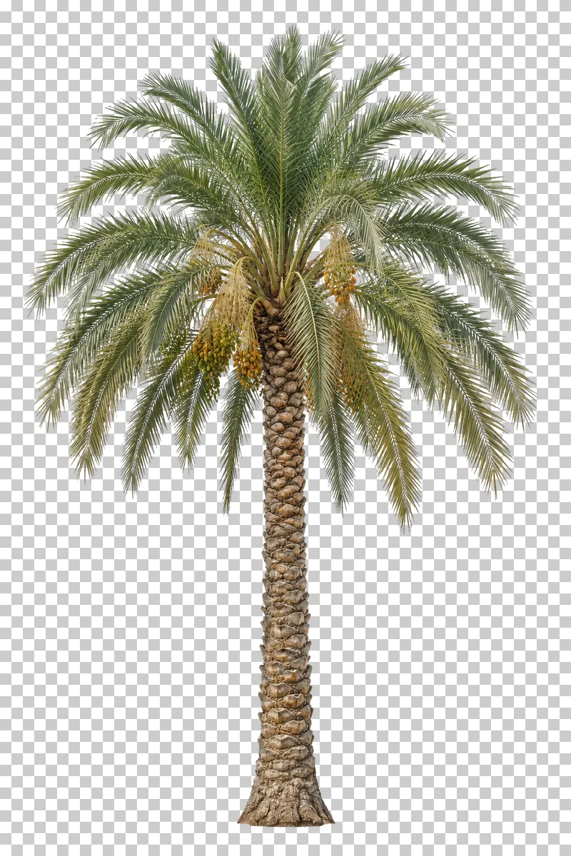 Date palm with a tall textured trunk, arching pinnate fronds and modest date clusters.