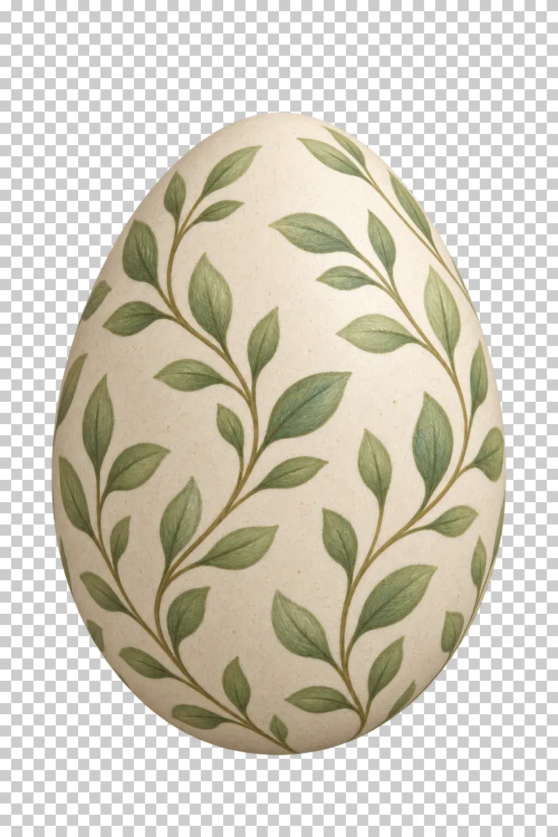 A matte Easter egg decorated with sage green leaves.