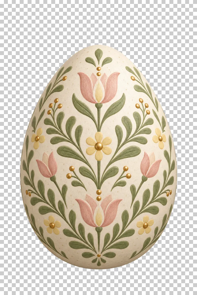 A cream Easter egg with a folk botanical pattern.