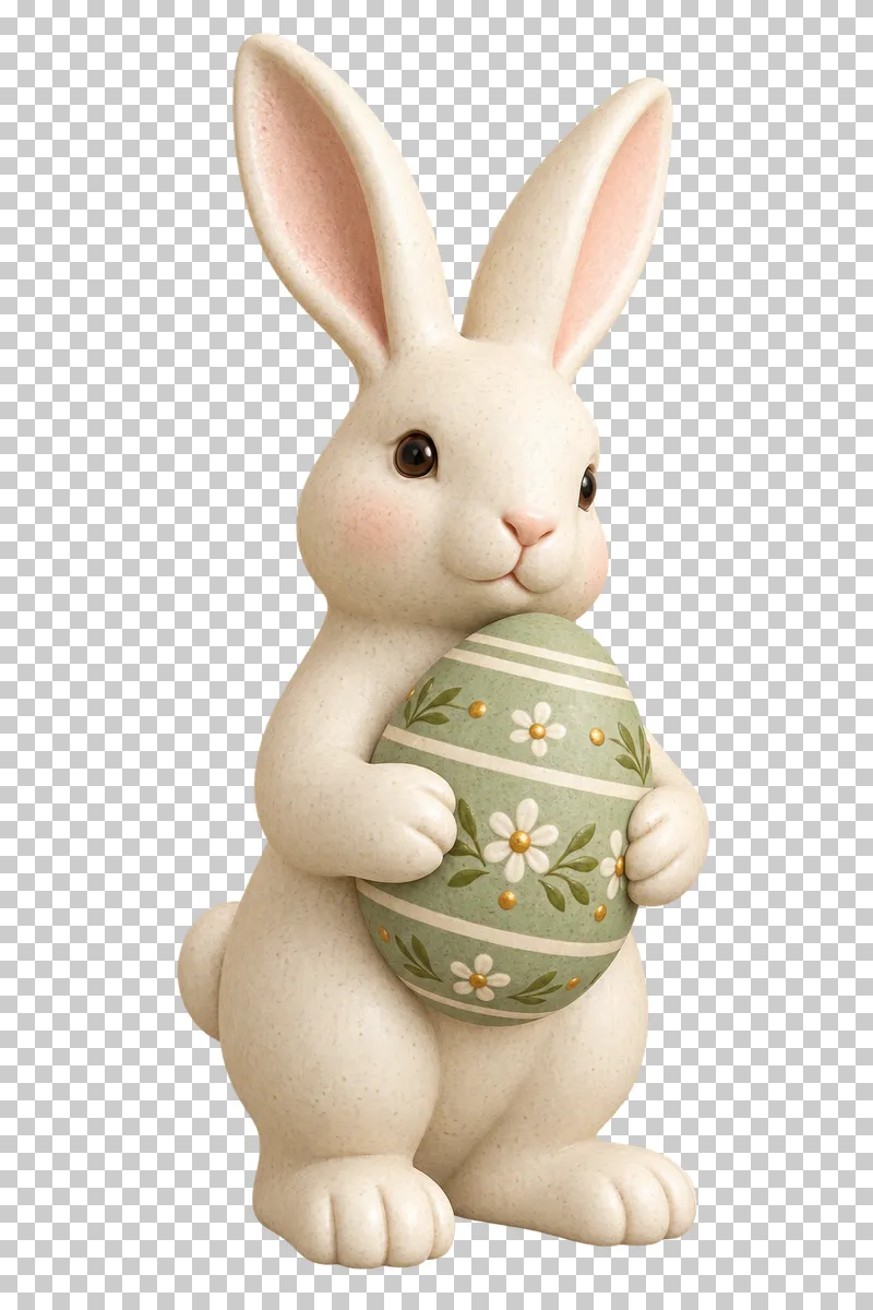 A cream ceramic rabbit holding a patterned Easter egg.