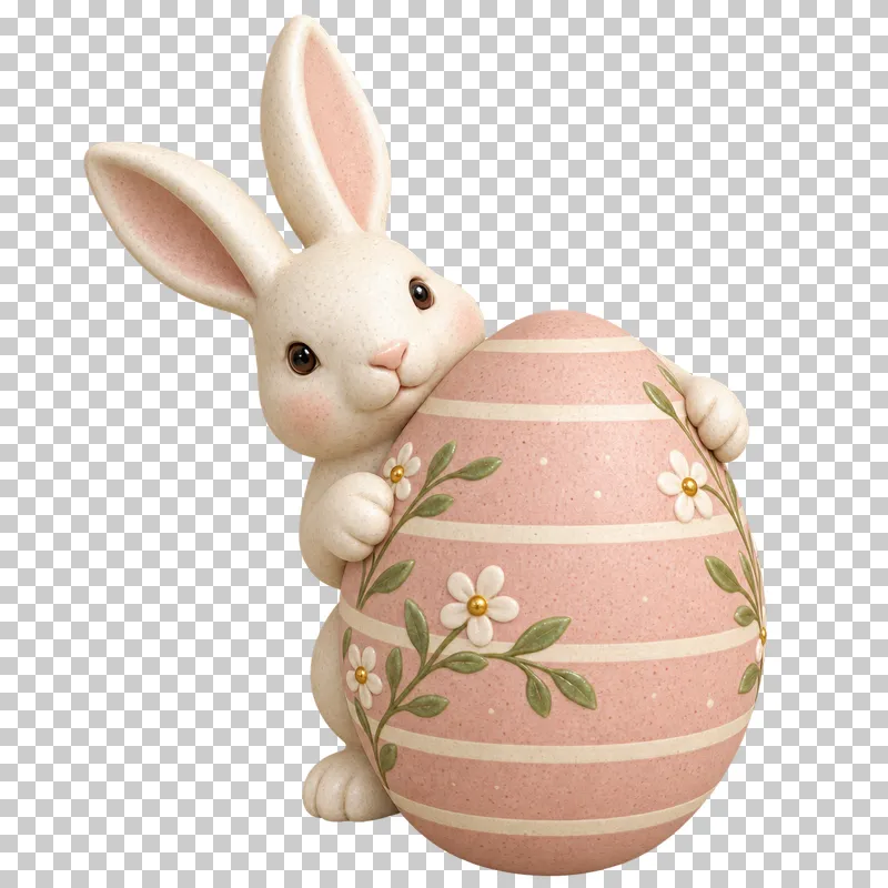 A ceramic rabbit peeking from behind a large painted egg.