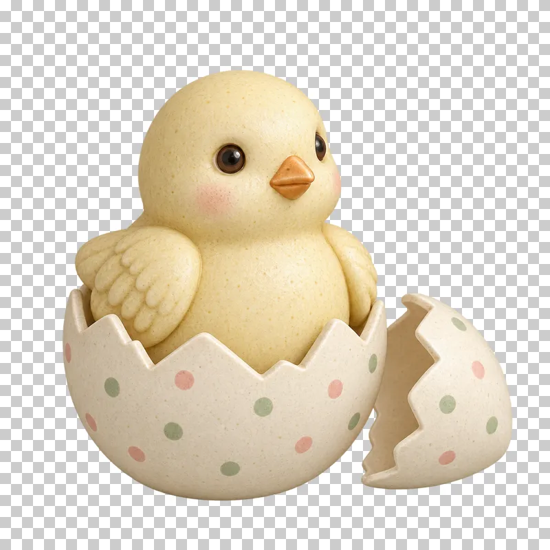 A pale yellow chick hatching from a cracked eggshell.
