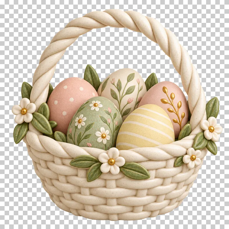 A woven basket filled with pastel patterned Easter eggs, with an open handle.