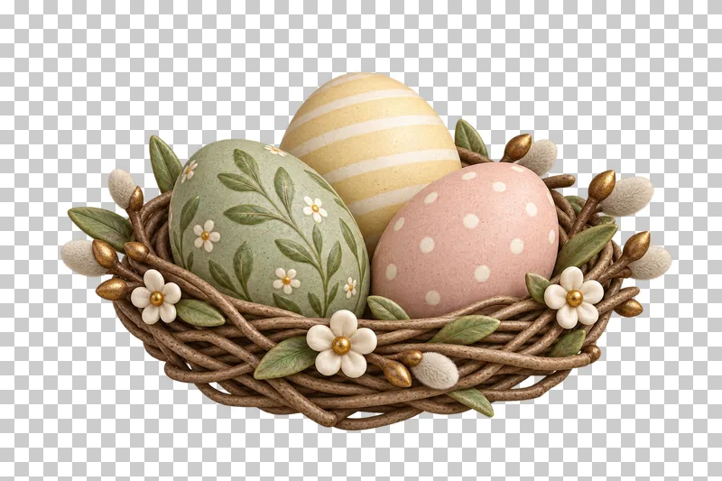A low twig nest holding pastel Easter eggs.