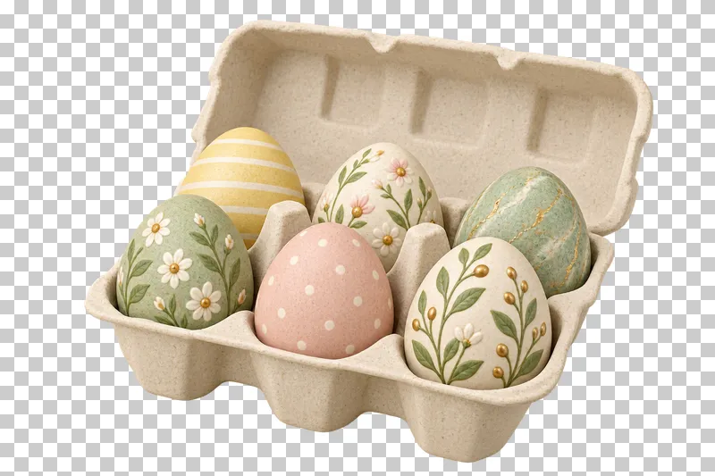 An open egg carton containing six patterned Easter eggs.