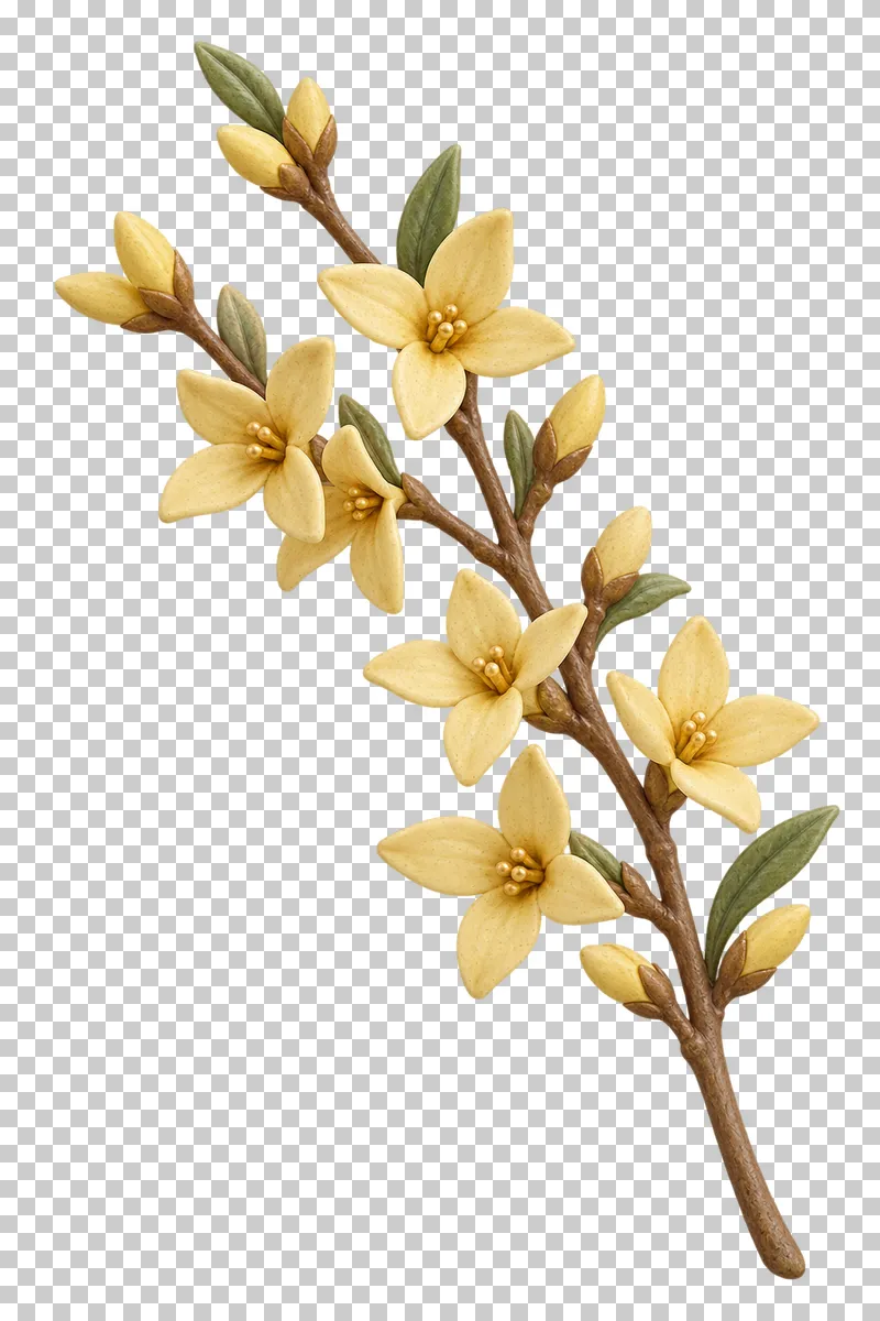 A forsythia sprig with pale yellow blossoms.