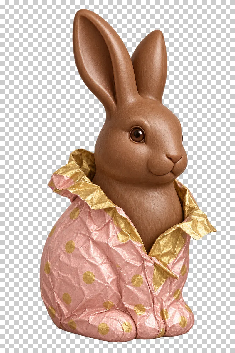 A chocolate Easter rabbit in partly unwrapped metallic foil.