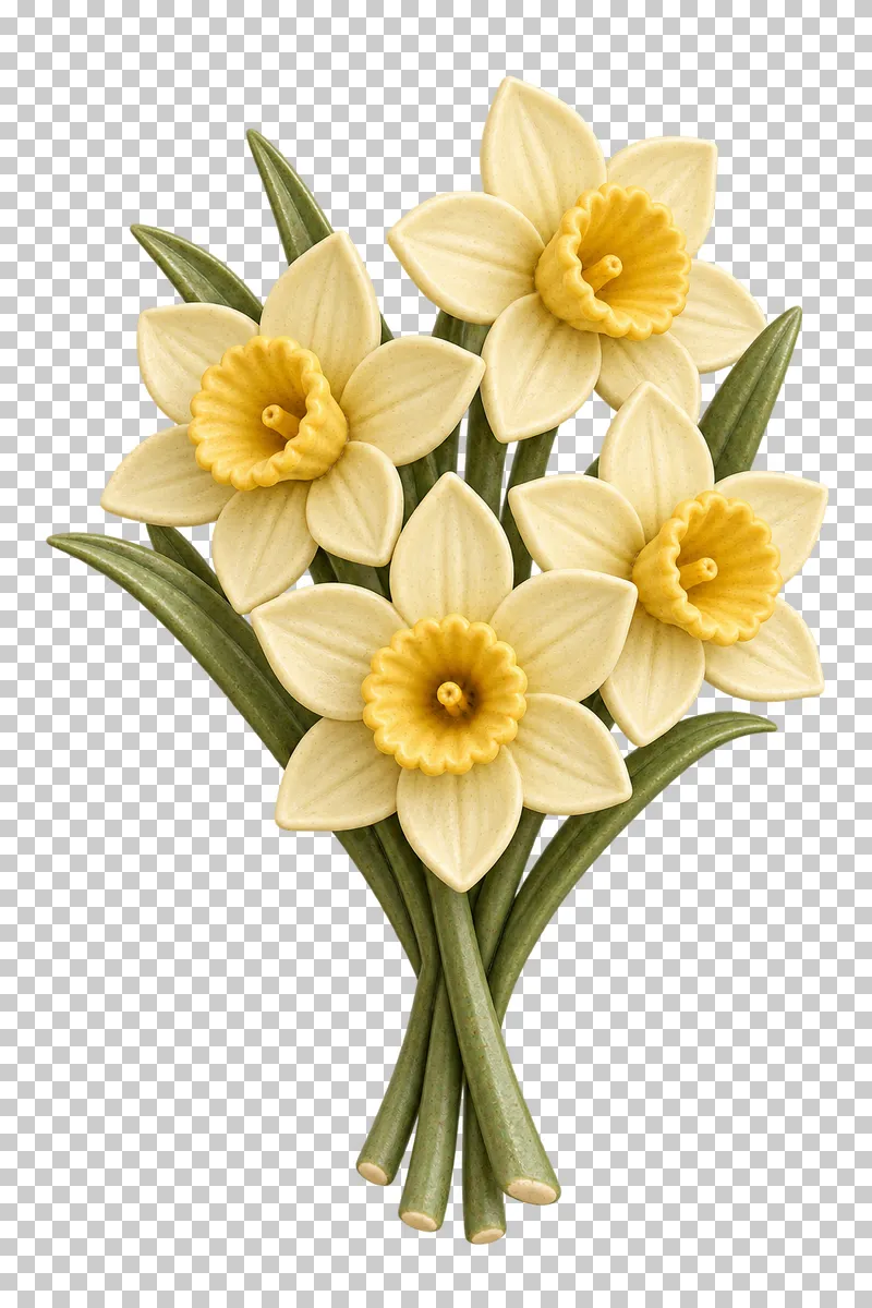 A bouquet of pale yellow and cream narcissus flowers.