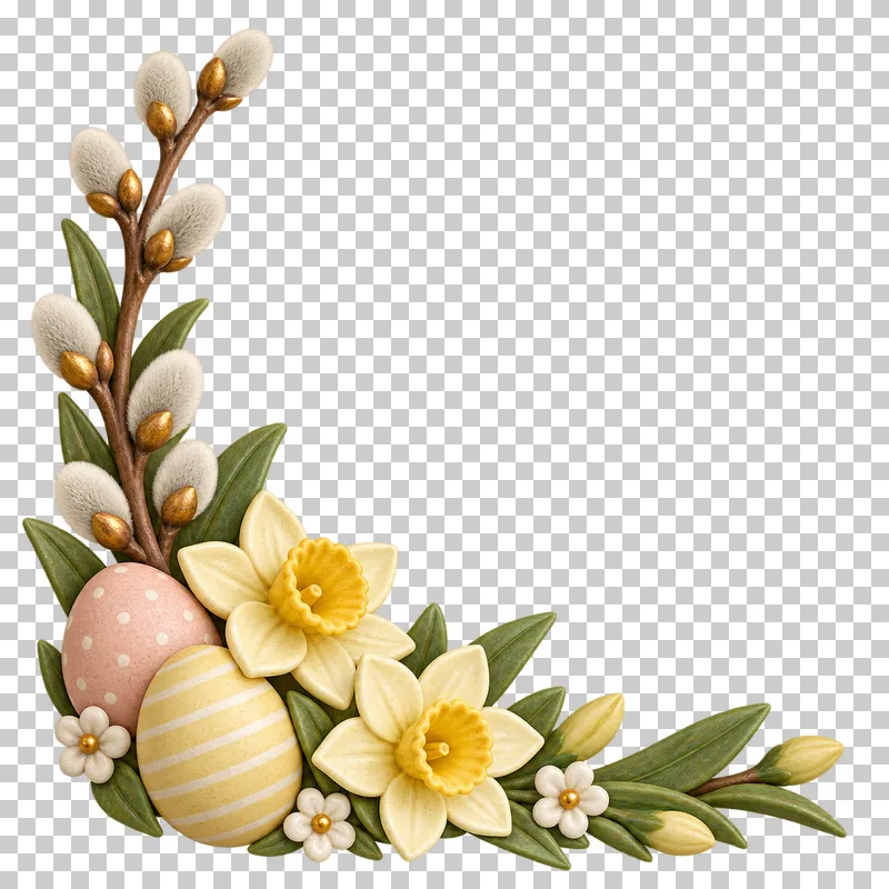 A lower-left Easter corner with flowers, greenery and pastel decorations.