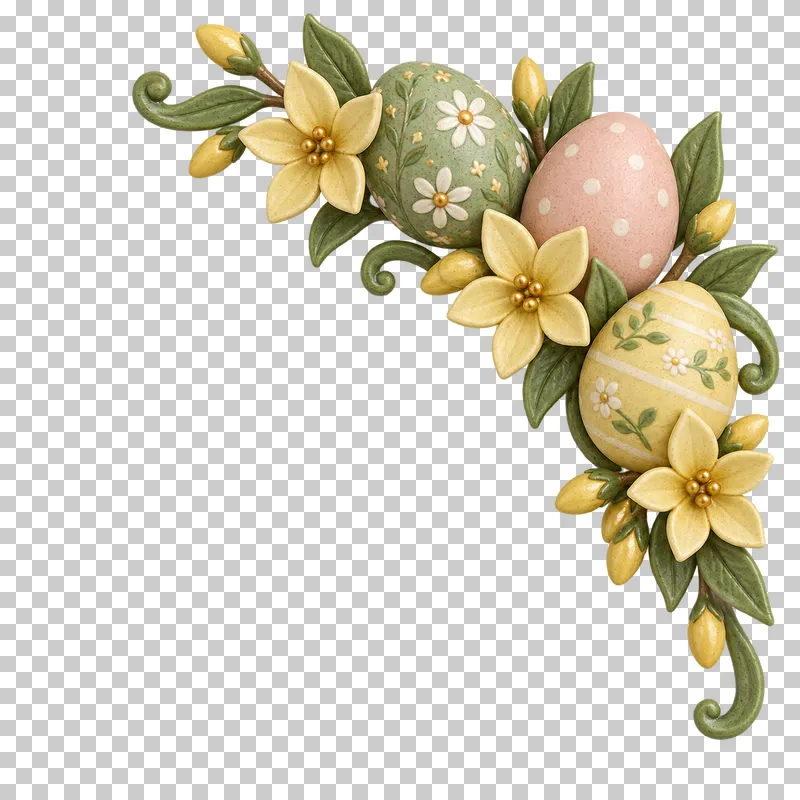 An upper-right Easter corner with painted eggs and forsythia.